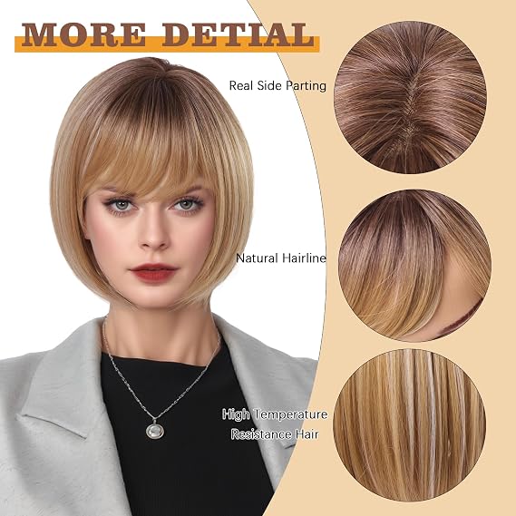 Short Bob Hair Toppers for Women Thinning Hair 10 Inch - 360 3D Cover Wispy Bangs Hair Pieces for Women, Synthetic Hairline Wigyy Wig Topper with Bangs - Ombre Light Brown to Blonde