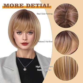 Short Bob Hair Toppers for Women Thinning Hair 10 Inch - 360 3D Cover Wispy Bangs Hair Pieces for Women, Synthetic Hairline Wigyy Wig Topper with Bangs - Ombre Light Brown to Blonde