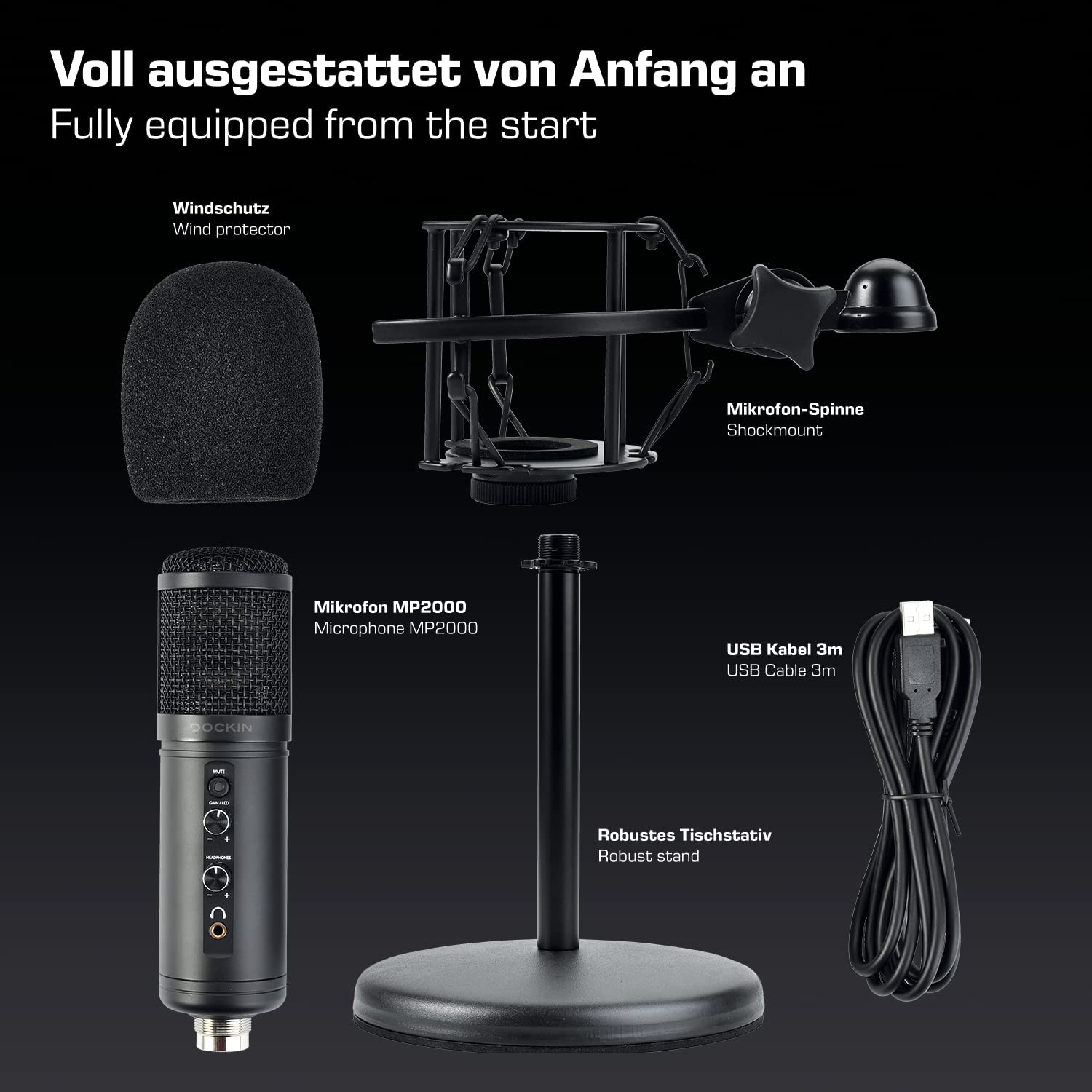 DOCKIN® MP2000 Microfono USB da studio per computer, PC e Mac, microfono Podcast con supporto e ragno per la registrazione vocale e strumentale, microfono per streaming e podcasting con luci LED