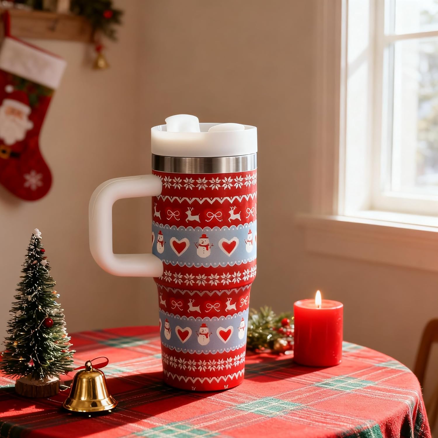 14oz/410ml Christmas Tumbler with Llid, Christmas Tumbler with Handle and Straw for gifts insulated cup - Snowman - Image 6