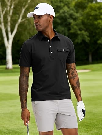JEMLDL Men's Slim Fit Golf Polo Shirt 4-Button Stretch Quick Dry Short Sleeve Moisture Wicking Shirts Casual Top with Pocket