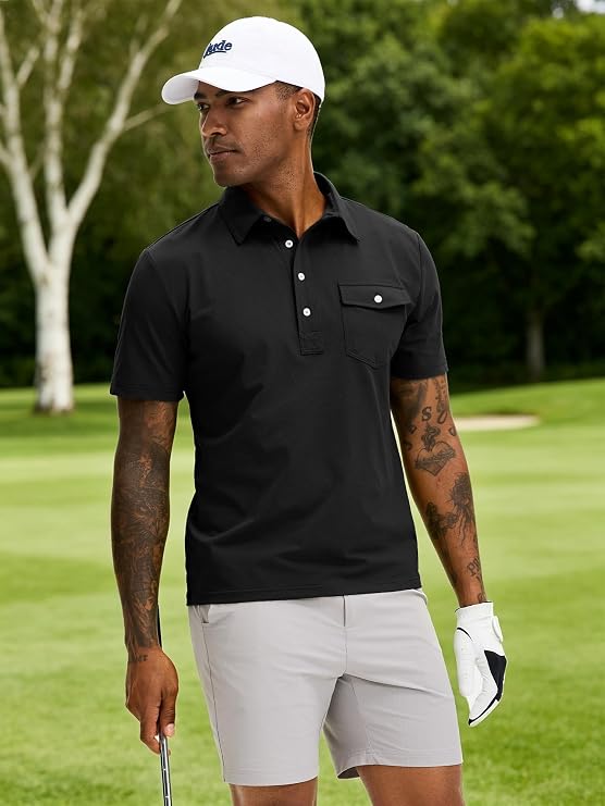 JEMLDL Men's Slim Fit Golf Polo Shirt 4-Button Stretch Quick Dry Short Sleeve Moisture Wicking Shirts Casual Top with Pocket