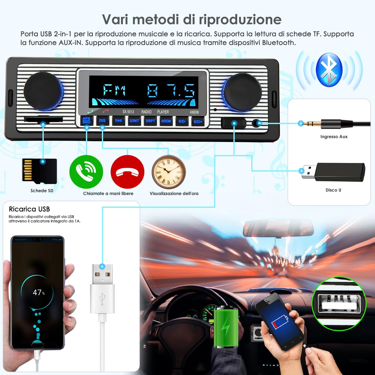 Autoradio Bluetooth,Stereo Auto Bluetooth, Autoradio 1 Din Radio Bluetooth Auto Supporta Vivavoce Lettore MP3/Radio FM, USB Per La Riproduzione Di Musica USB/WMA/WAV/TF Multimediale Telecomando