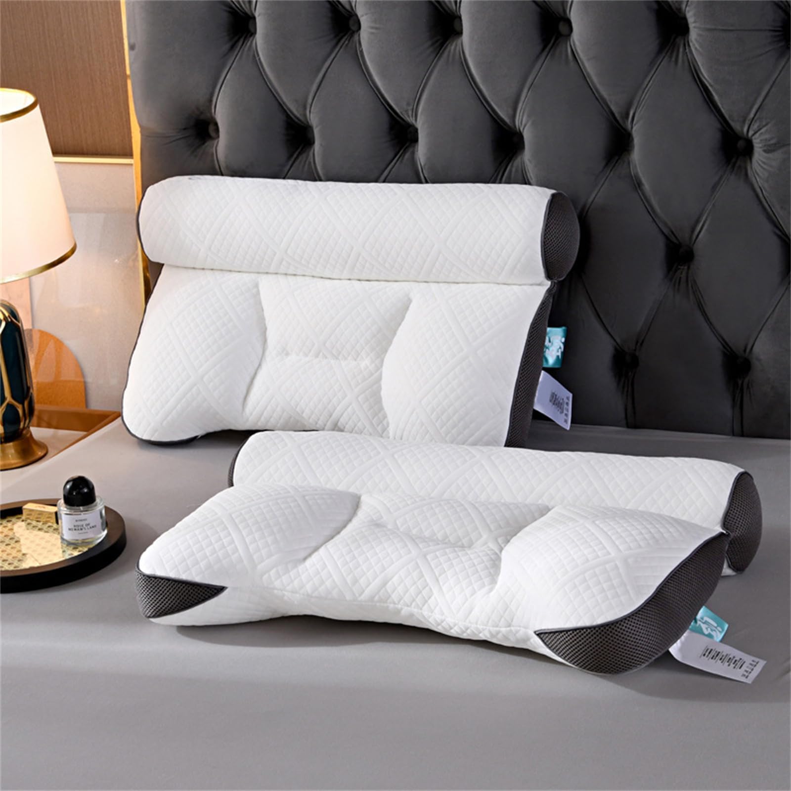 Almohada de plumón de ganso para mejorar el sueño, apoyo cervical, almohada de plumón de ganso cómoda, almohada ortopédica de contorno (2 unidades, azul)