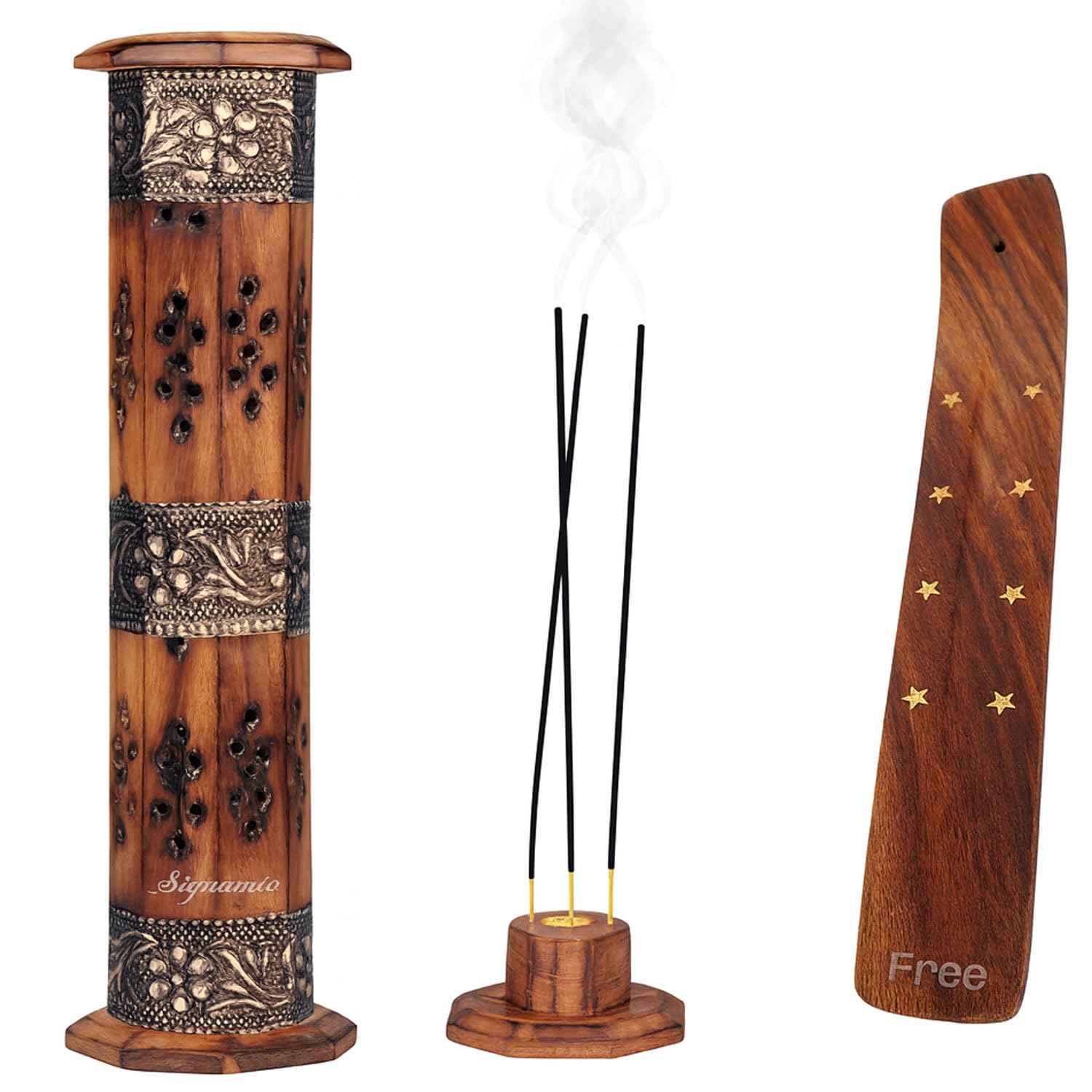 SIGNAMIO® 2pcs Tower Wooden Agarbatti Stand with Ash Catcher: Premium Incense Stick and Dhoop Holder Set for Pooja Room Decoration - Essential Puja Items for Home Mandir & Agarbatti Storage Box
