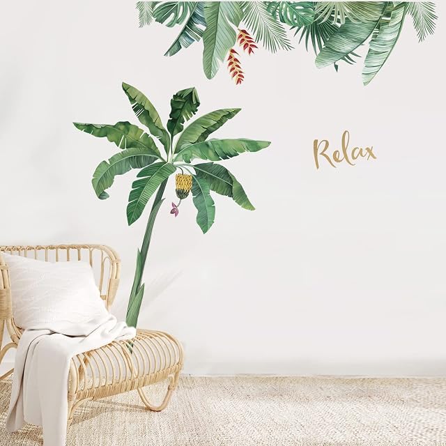 wondever Palm Tree Green Wall Stickers Tropical Leaves Peel and Stick Wall Art Decals for Bedroom Living Room TV Wall