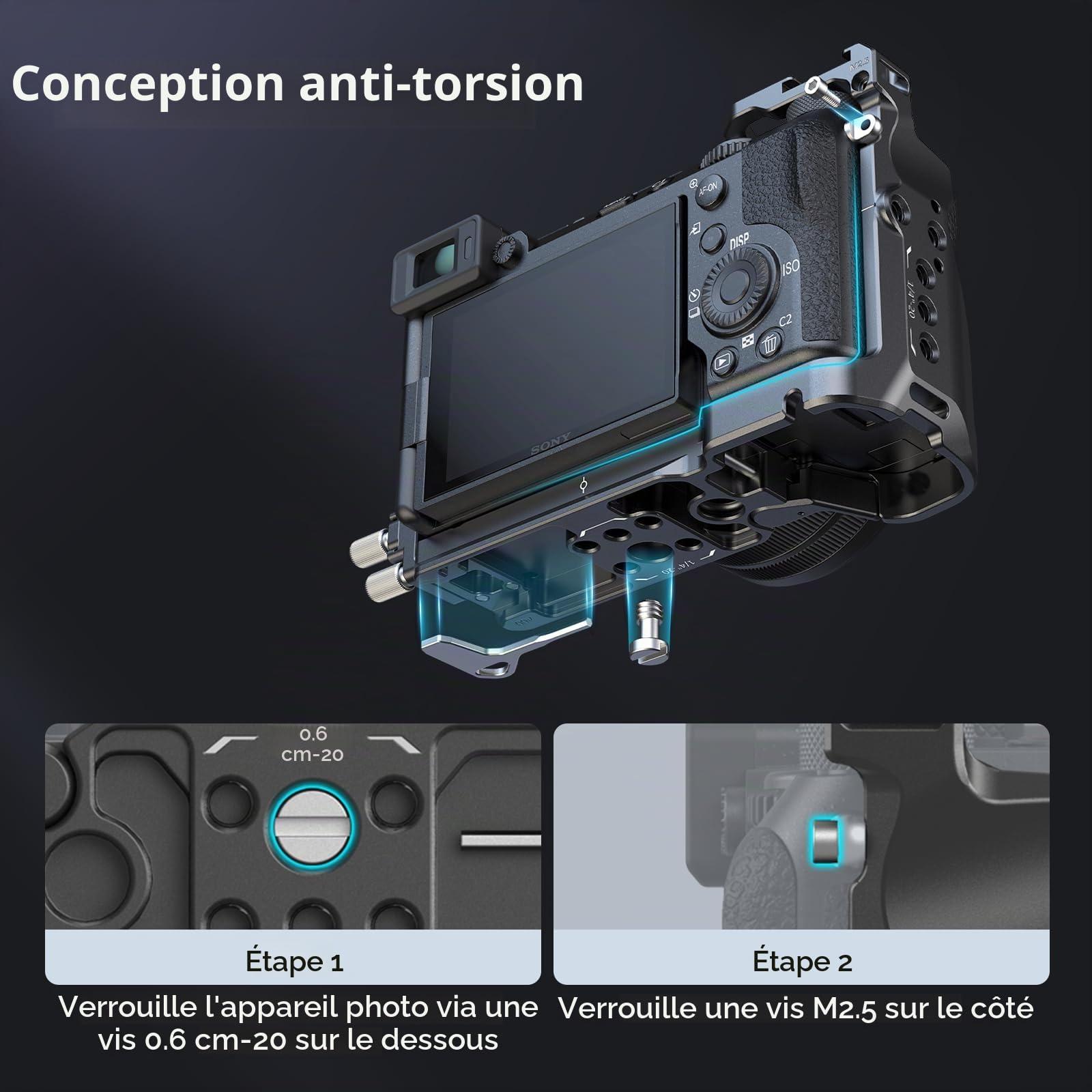 SMALLRIG Kit de Cage pour Sony A7C II/A7CR avec Serre-Câble pour HDMI, Accès Complet à la Création de Vlog, Cage Vidéo pour Sony A7C II/A7CR avec Hinge Arm, Plaque QR Intégrée pour Arca - 4422