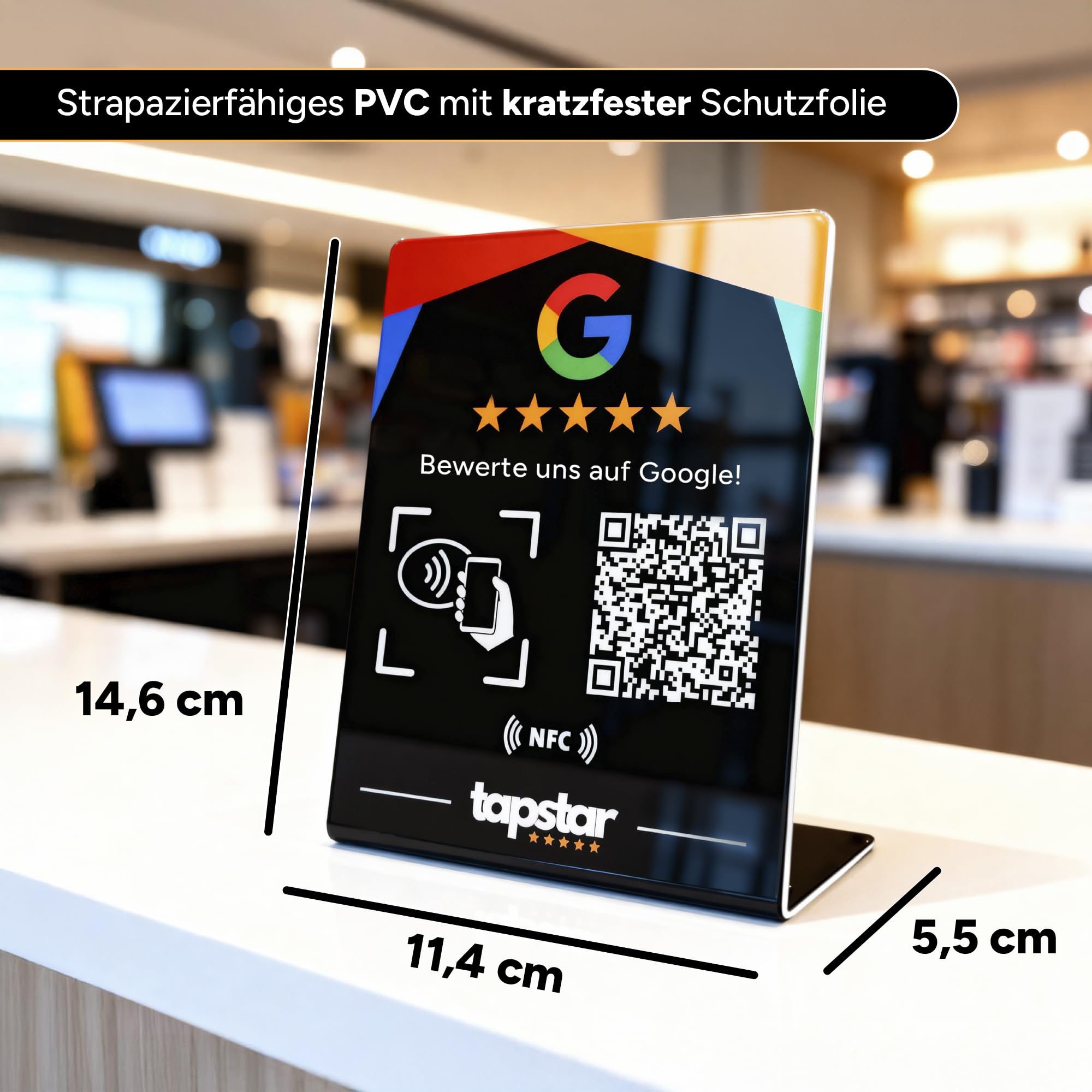 Tapstar Bewertungsaufsteller mit NFC & QR-Code – Google Bewertung Aufsteller für Theke, Tresen oder Empfang – Kompatibel mit iPhone & Android – Ohne App, Ohne Abo