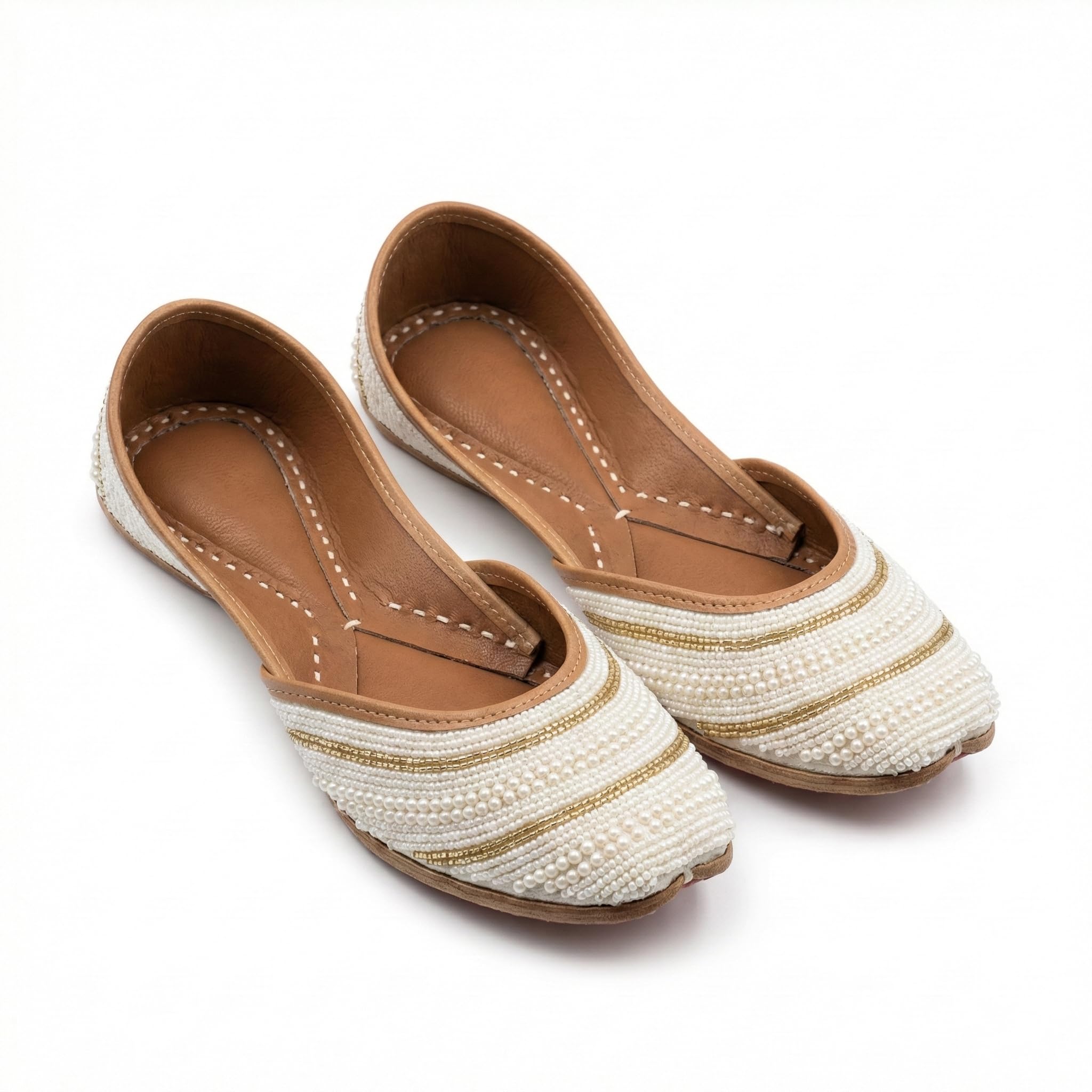Amira Off-White Pearl Embellished Punjabi Jutti for Women | Handcrafted with Subtle Gold Beads & Striped Detailing | Model A6-image-6
