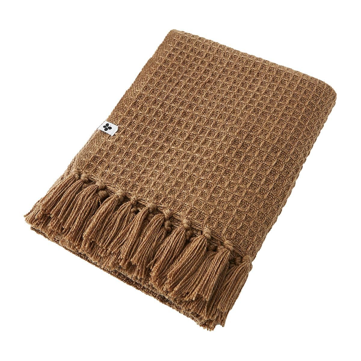Plaid tissage nid d'abeilles KARL couverture douce et chaleureuse pour intérieur chaleureux camel