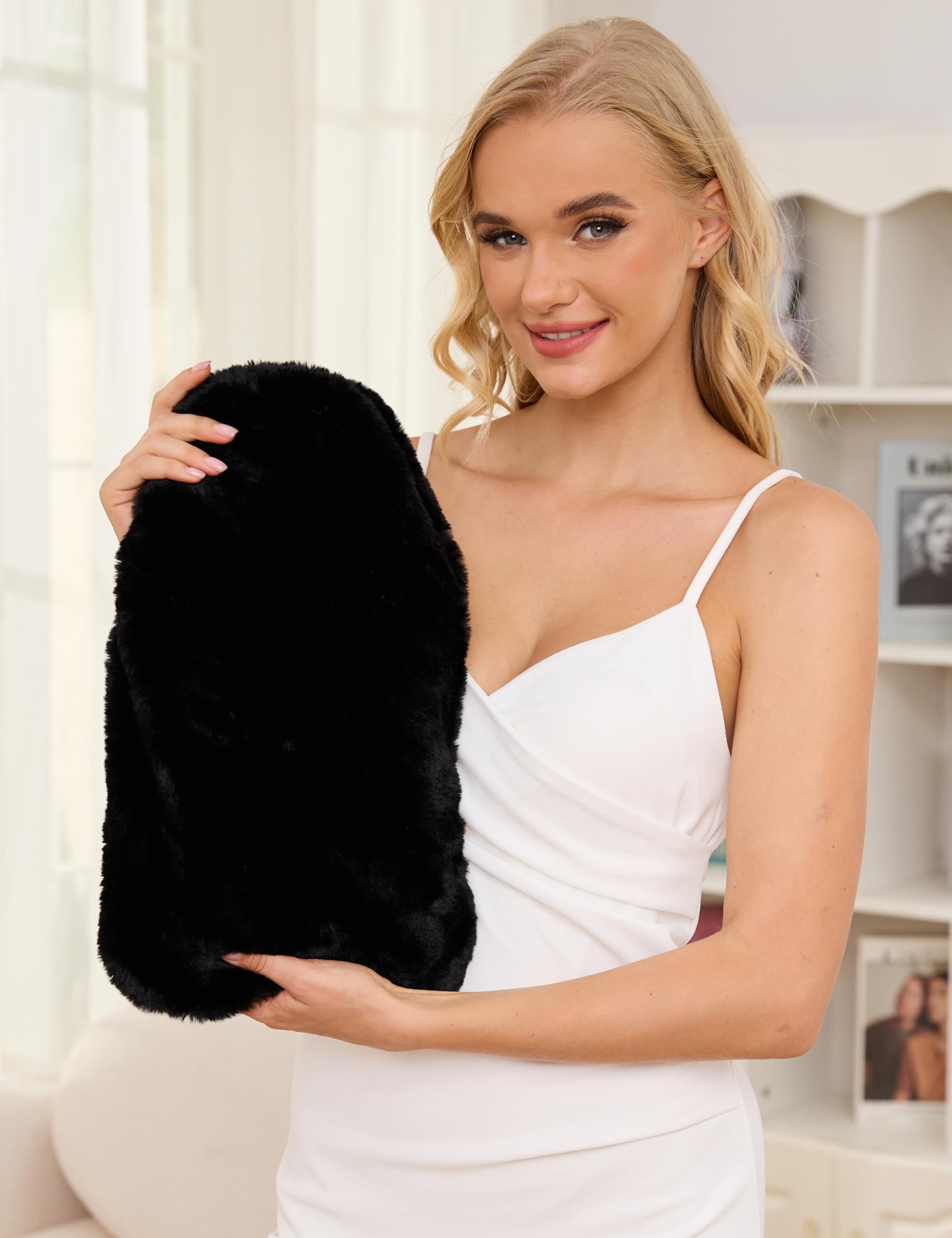 Peterpan Bouillotte surdimensionnée en caoutchouc avec housse en fourrure douce, 3 litres, sans BPA et phtalates, sac d'eau chaude pour soulager la douleur, fermeture éclair grise