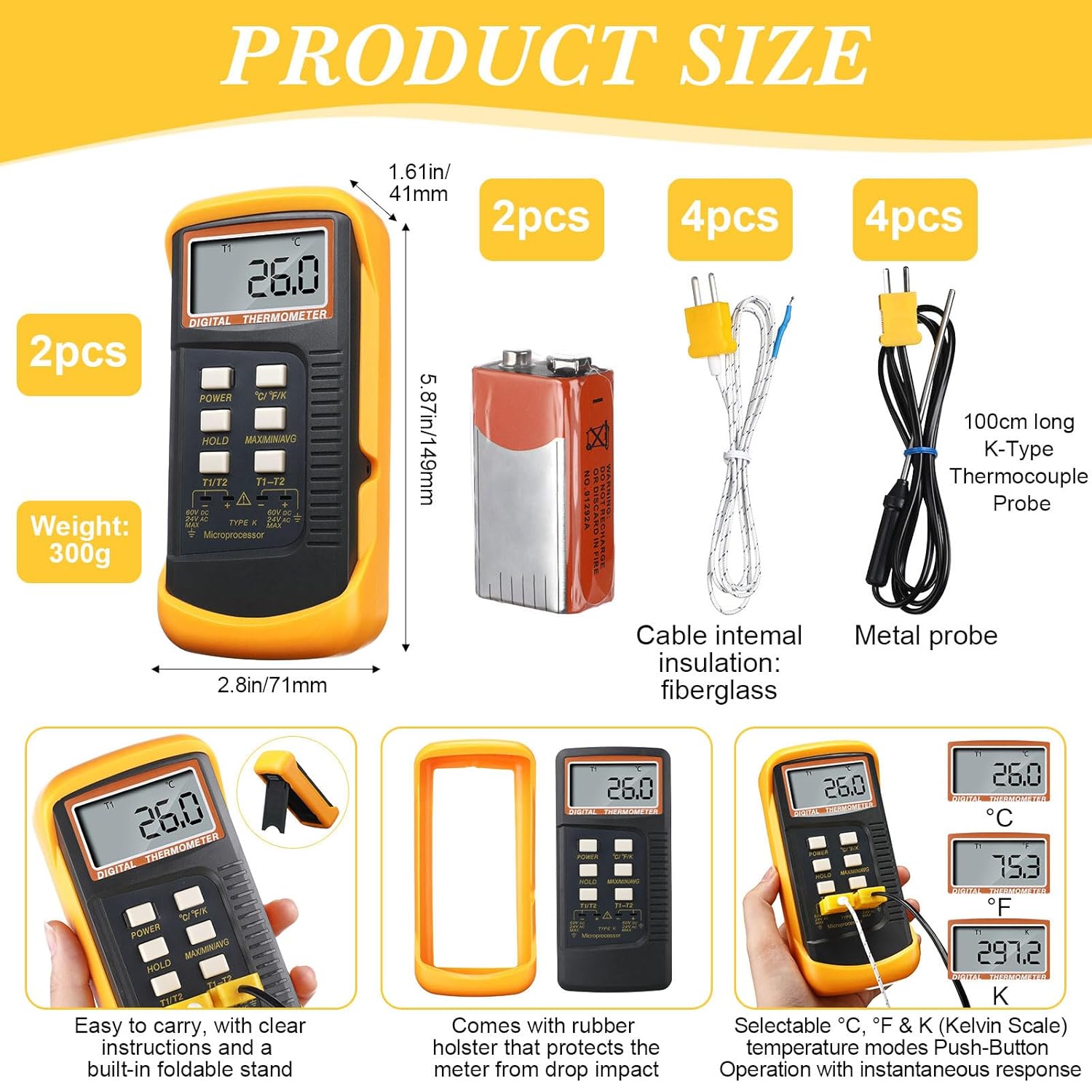 2 Pcs Thermocouple Thermometer Digital K Type HVAC Dual Channels Digital Thermometer with 8 Thermocouples Max/min Temperature Measurement, -50~1300°c (-58~2372°f) High Temperature Pyrometer