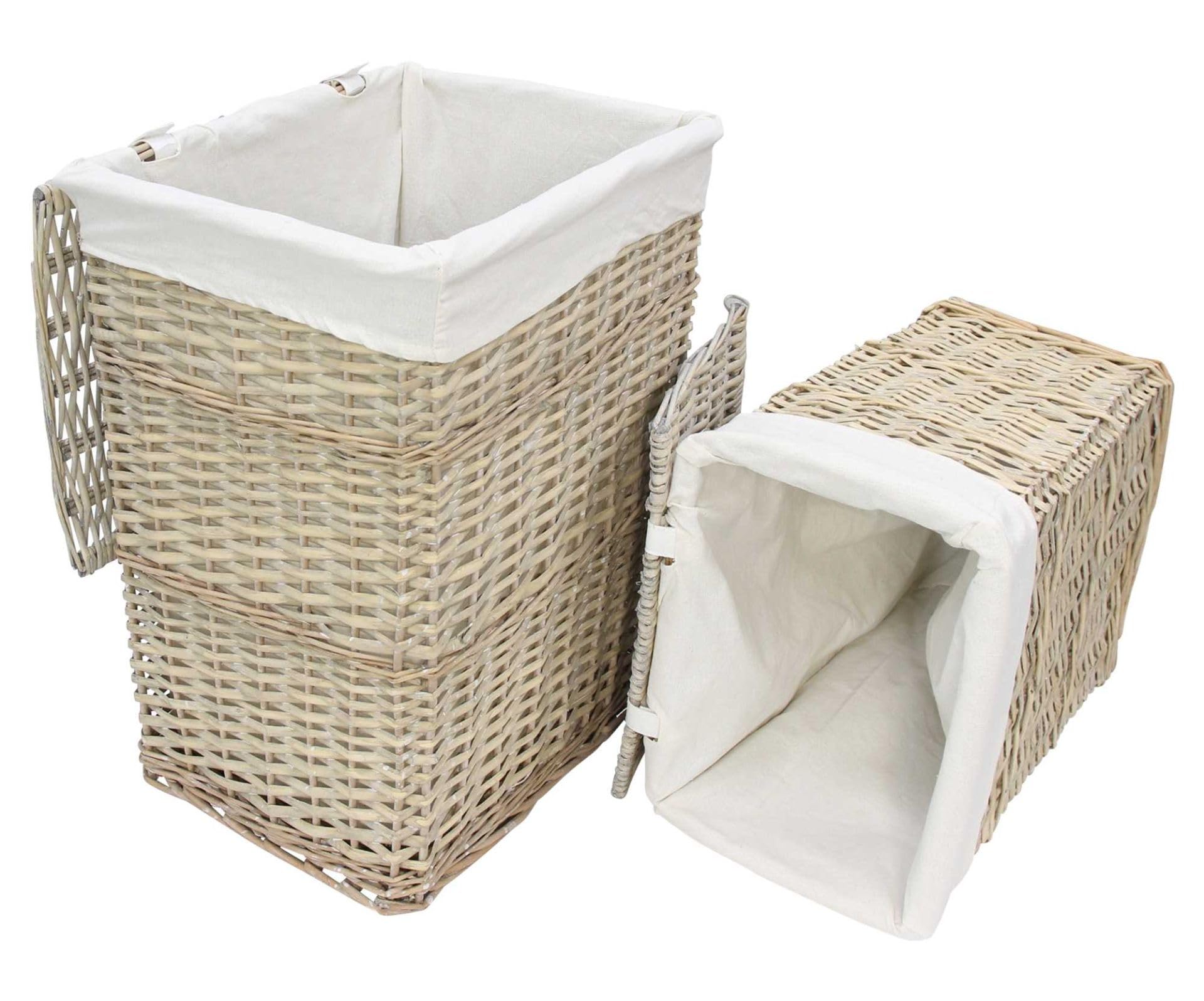 FRANK FLECHTWAREN Wäschekorb "Graue Weide", 2er Set, Spaltweide, grau gekalkt, Stoff, natur Maße: 38 x 26 x 49 cm, 45 x 32 x 56 cm, Stabil und langlebig, Vielseitig einsetzbar