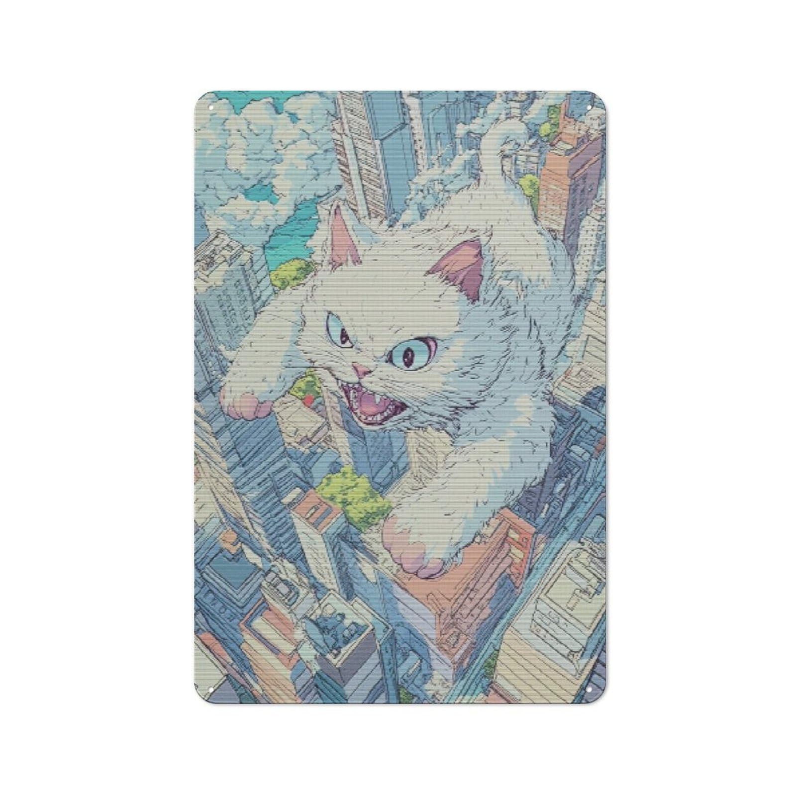 Junmoney Catzilla Retro Metal Gift Sign 30X20cm, Home Wall Decor For Flat, Dorm Room, Lounge Or Cafe
