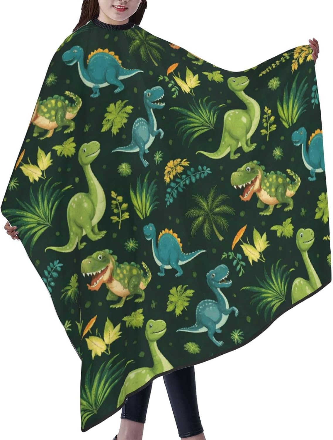 Colorful Green Dinosaur Pattern Adult Hair Cutting Cape 55x66in Adjustable Snap Closure Salon Hairs Hat Shaving Bib