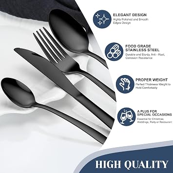 Hunnycook 16-Piece Black Cutlery Sets- Stainless Steel Cutlery Sets for 4 People, Mirror Polished Black Forks Knives and Spoons Set, Tableware Set for Home Kitchen, Parties & Gifts Dishwasher Safe