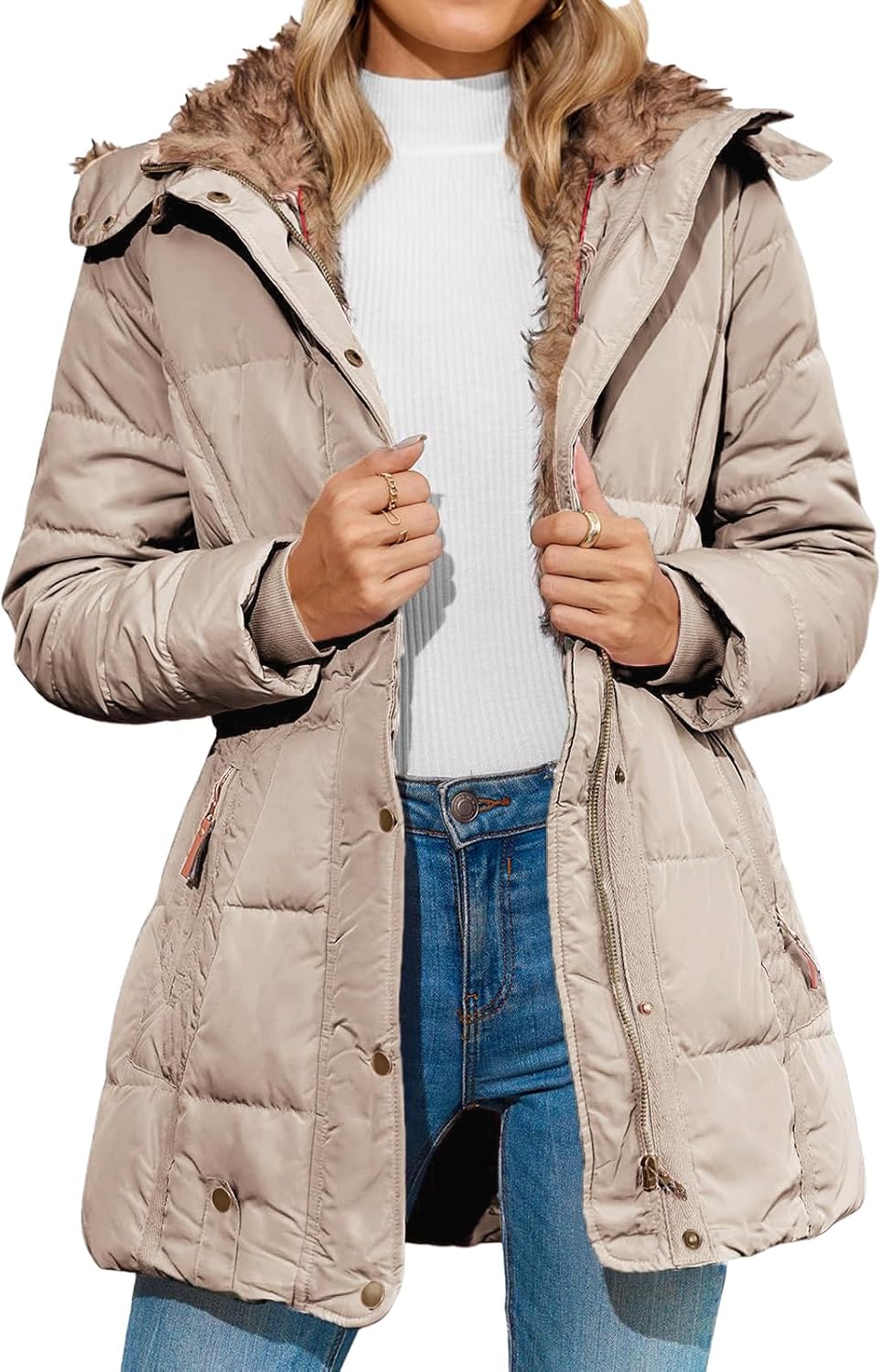 Women's Winter Puffer Coat Thicken Fleece Lined Down Jacket Comfy Warm Long Puffer Jacket Fashion Hood Snow Parka Coat