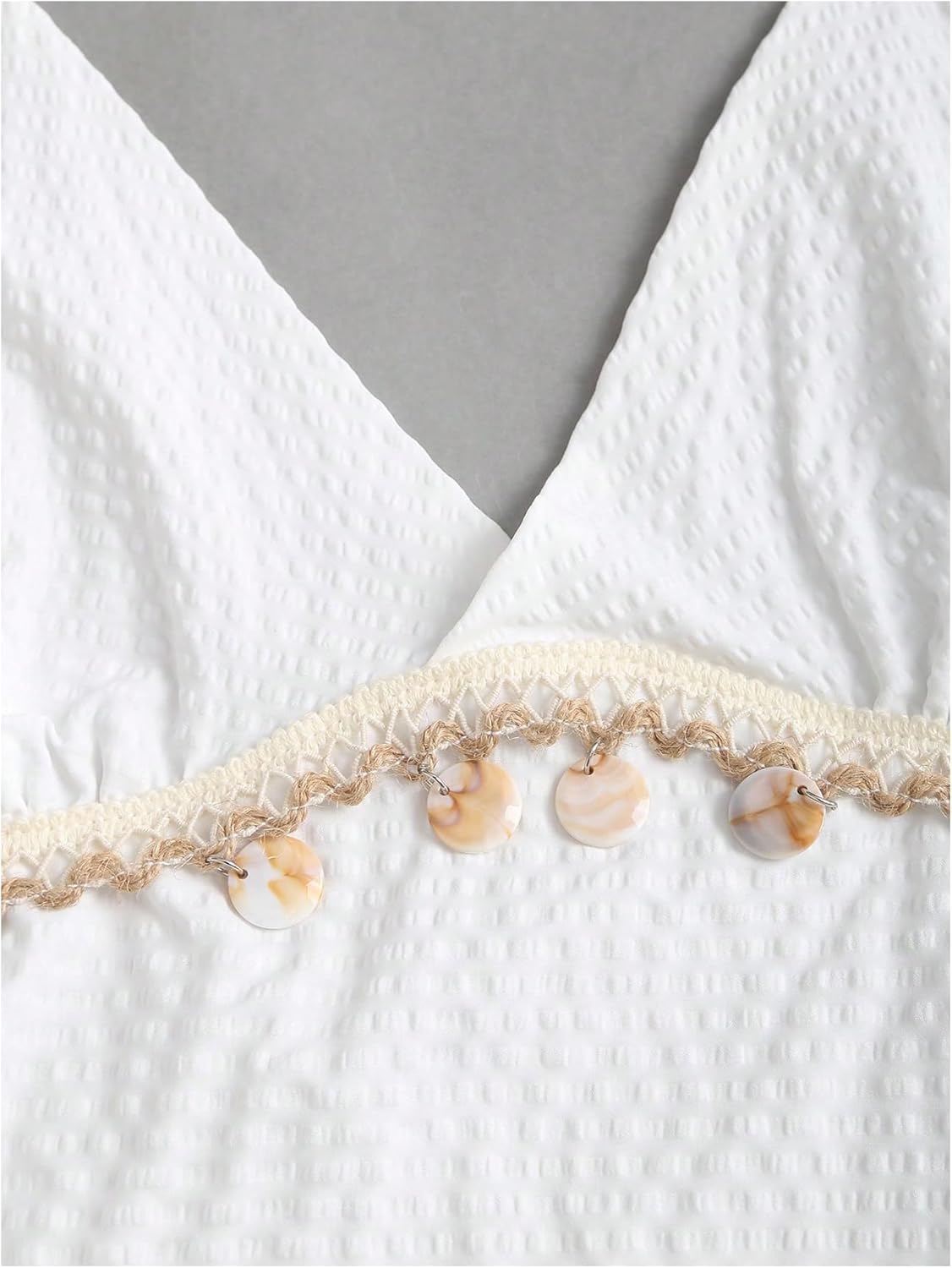 Verdusa Women's Boho Chic Shell Tassel Tie Backless Halter Top Textured Ruffle Layered Babydoll Tops - Image 3