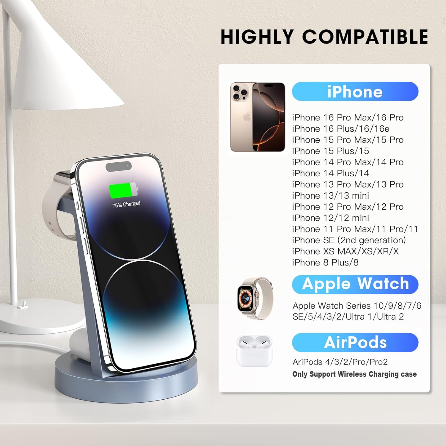 3 in 1 Charging Station for iPhone, Wireless Charger for iPhone 16 15 14 13 12 11 X Pro Max & Apple Watch - Charging Stand Dock for AirPods (Blue) - Image 5
