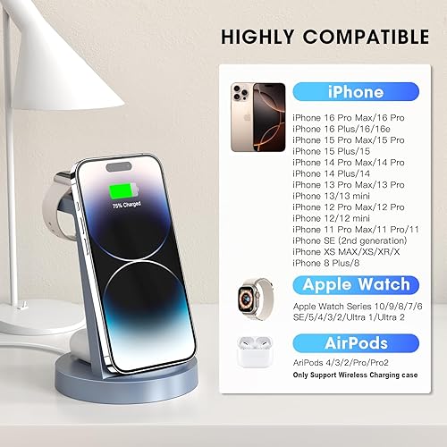 Miniatura 38 de Estación de carga 3 en 1 para iPhone, cargador inalámbrico para productos Apple, múltiples dispositivos, soporte de carga para AirPods