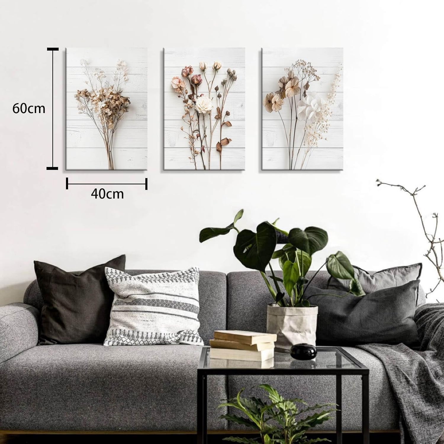 Modern Farmhouse Wall Decor Dried Wildflower Neutral Canvas Print Still Life Wall Art for Bedroom Aesthetic Rustic Floral Wall Art for Living Room Wall Decoration Stretched Set of 3 Pieces 16x24inches