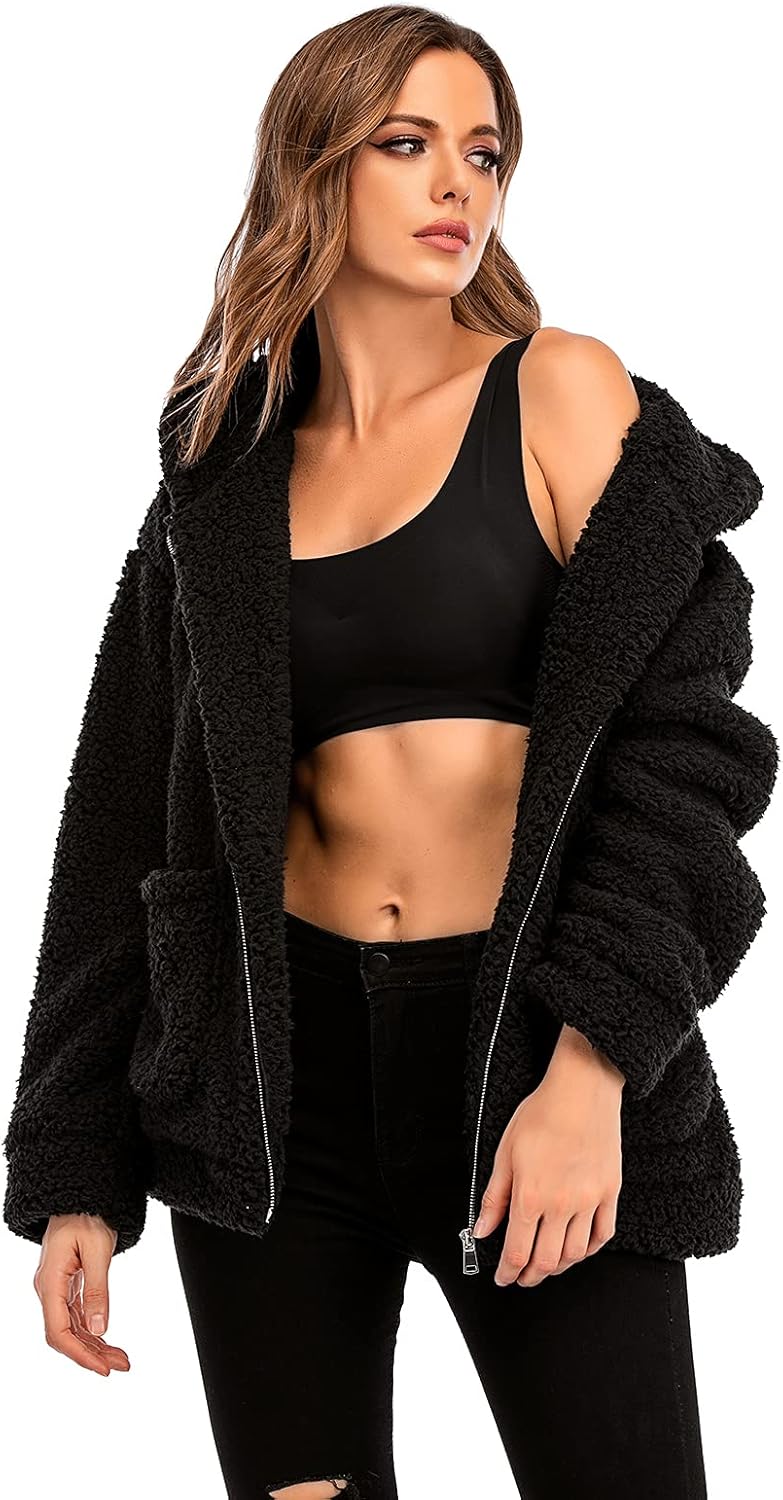 Comeon Womens Casual Coat Lapel Fleece Fuzzy Faux Shearling Zipper Hooded Warm Winter Oversized Jackets - Image 4
