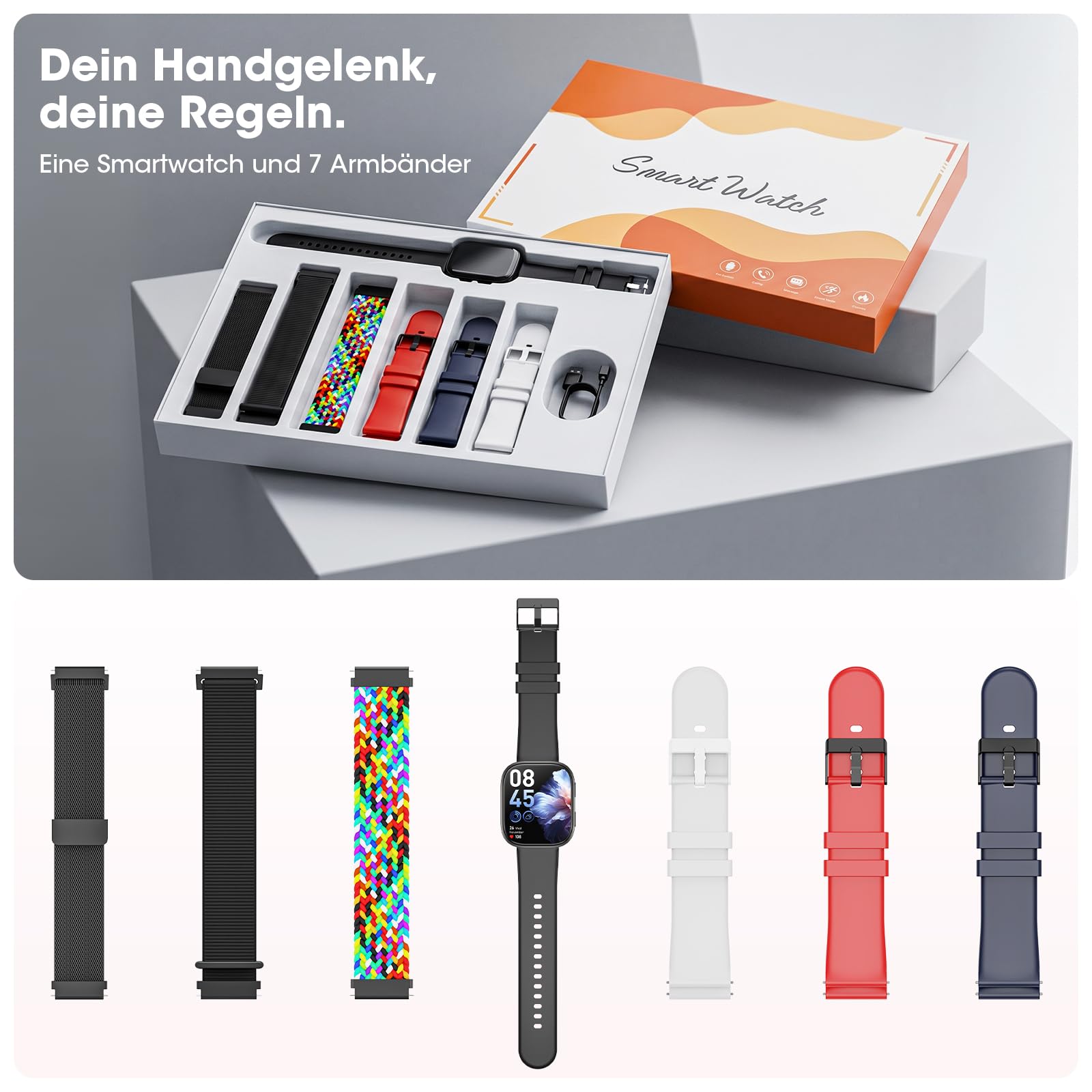 7 Armbänder & Geschenkbox Smartwatch Damen Herren, 1.83" HD Uhr damen mit Bluetooth-Anruf, Fitness Tracker, Pulsmesser, Schlafmonitor, Schrittzähler, IP68 Wasserdicht, 110+ Sportmodi für iOS Android