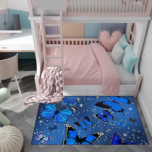 Miniatura 3 de Alfombra de mariposa azul con estampado de estrellas brillantes, alfombra de mariposa para niñas, dormitorio, sala de estar, decoración de