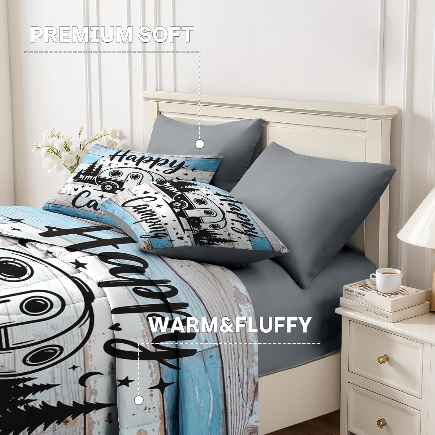 Nesker 7 Pcs Comforter Set Full Size, Camping Blue Camp Adventure Bedding Set for Kids and Adults, Forest Outdoor Retro Bed Sheet Set with Fitted Sheet 2 Pillowcases & 2 Shams