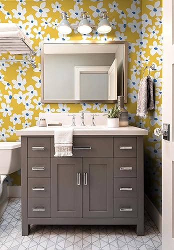 Miniatura 3 de HAOKHOME 93391-1 - Papel tapiz autoadhesivo amarillo floral amarilloblancoazul, papel de pared extraíble para dormitorio, baño, papel adhesivo