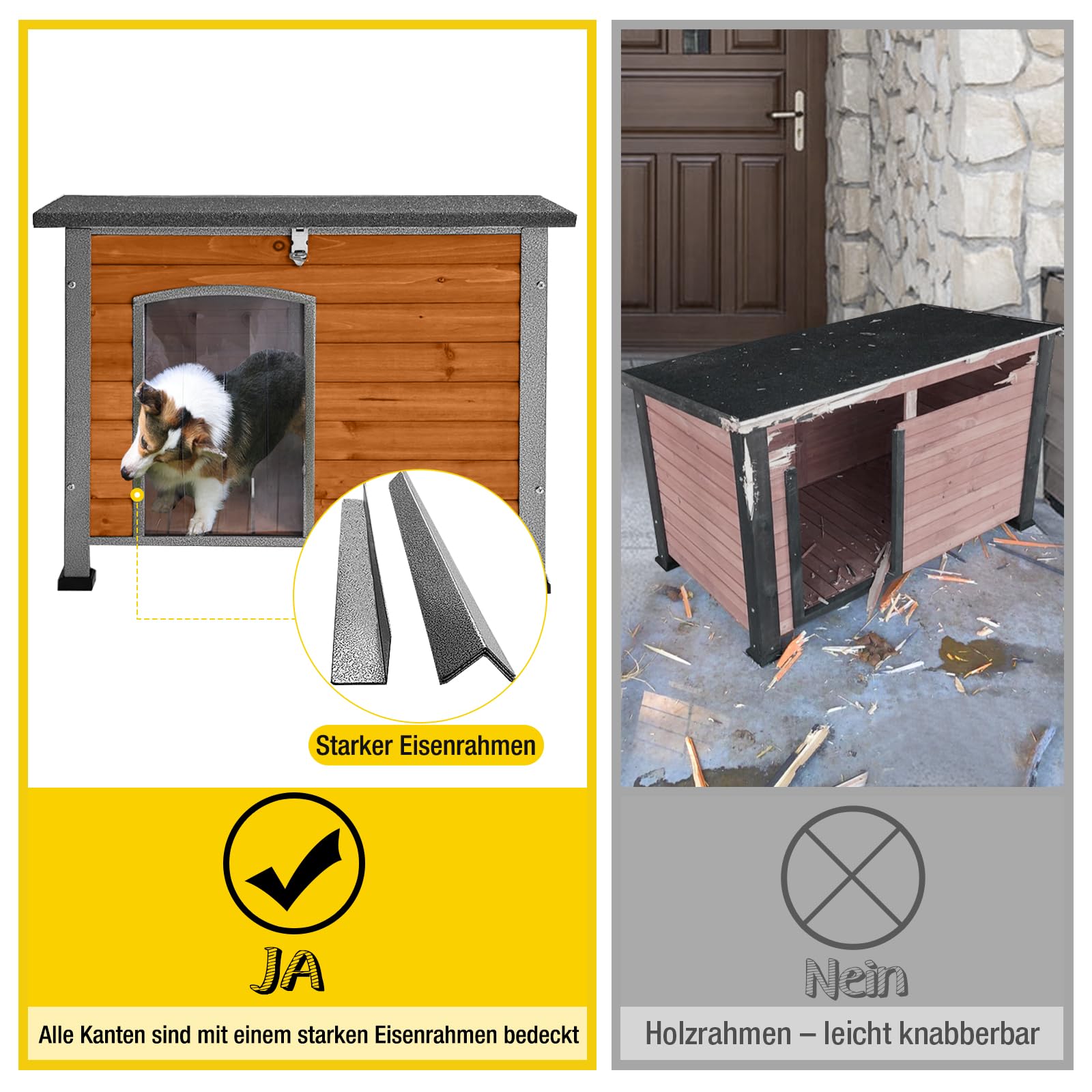 Aivituvin Hundehaus Indoor Outdoor Holz Hundekennel für den Winter, wetterfest, geeignet für kleine, mittlere und große Hunde, einzigartiges Ganzumfassung Stahlrahmen (Braun, L)