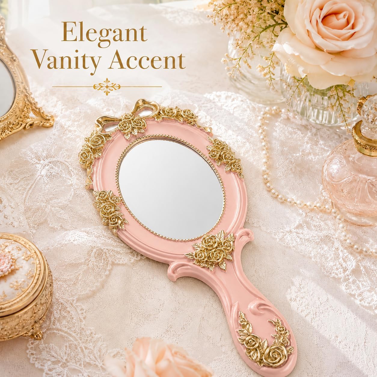 Vintage Princess Hand Held Mirror - Antique Handle Makeup Mirrors, Pink