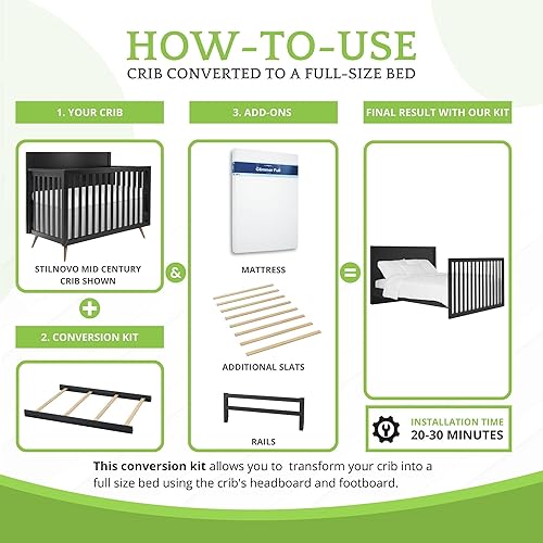 Vista 168 de Kit de conversión de tamaño completo, rieles de cama para cunas Evolur, kit convertible de cuna de madera maciza para cama de niños, rieles de Blanco