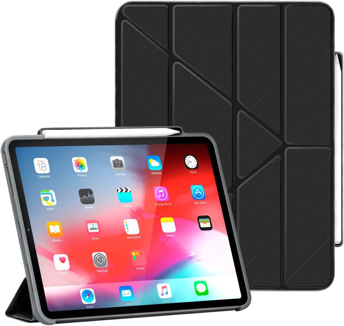 Case for iPad Pro 11 Inch 2018 with Pencil Holder-Lightweight Soft TPU Back Cover and 11 fold Stand PU Leather Cover with Auto Sleep/Wake, Support 2nd Gen Pencil Charging, Black