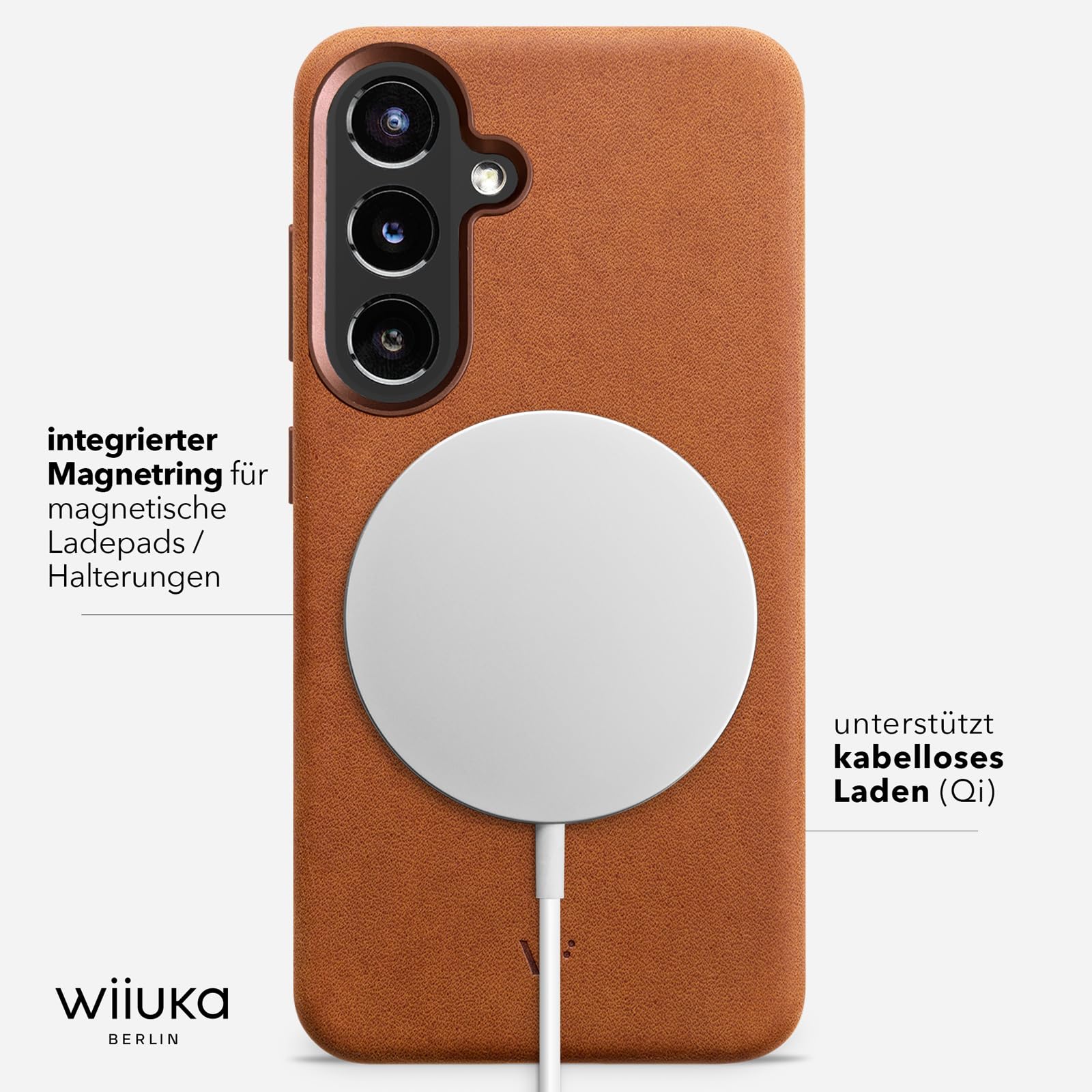 WIIUKA Hülle für Samsung Galaxy S26, Leder aus Deutschland, 360° Schutz, Lederhülle extra Dünn, Premium Handyhülle, Case, Qi, für Samsung S26, skiin More Cognac
