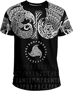 Nordic Viking Mythology Raven Celtic Knot Rune半袖、メンズ3Dプリントタトゥー夏Oネック毎日カジュアルストリートウェアTシャツトップス (Color : Black, Size : XXXXL)