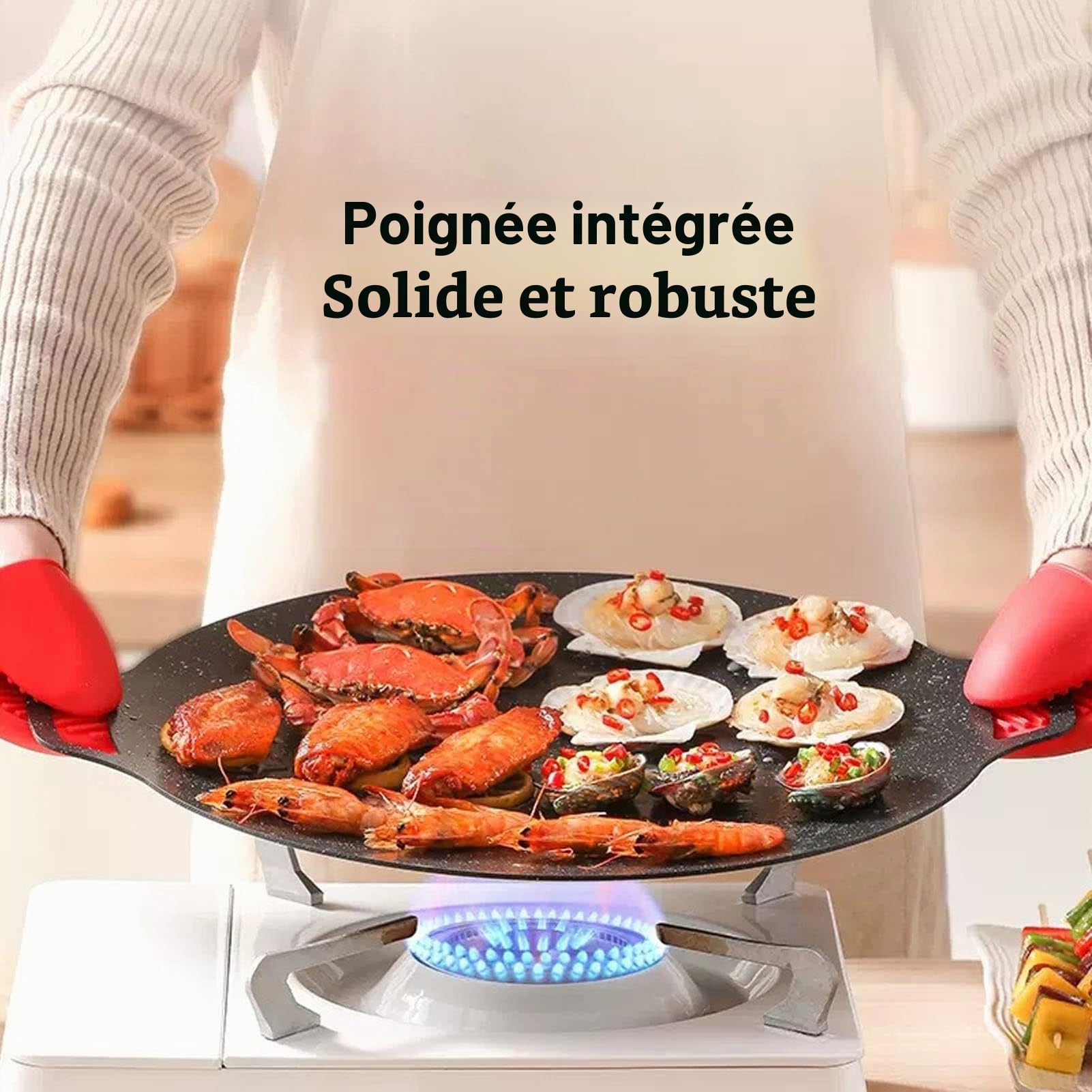 Poêle à Griller Coréenne, Poêle à Griller Ronde Antiadhésive pour Barbecue Coréen, Plaque à Griller Ronde avec Poignée, Plaque de Cuisson Multifonctionnelle (Universal Model 33cm)
