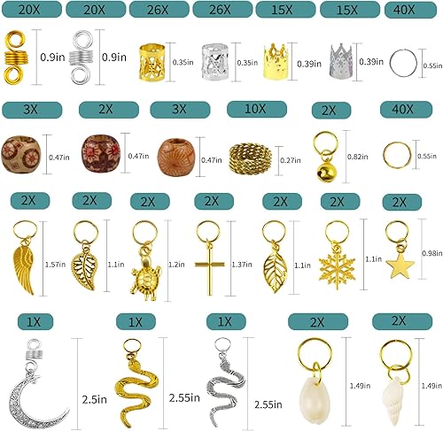 Miniatura 2 de Qingchuang 241 piezas de joyas para el cabello para trenzas, rastas de metal dorado y plateado, conchas de imitación de madera, puños ajustables,