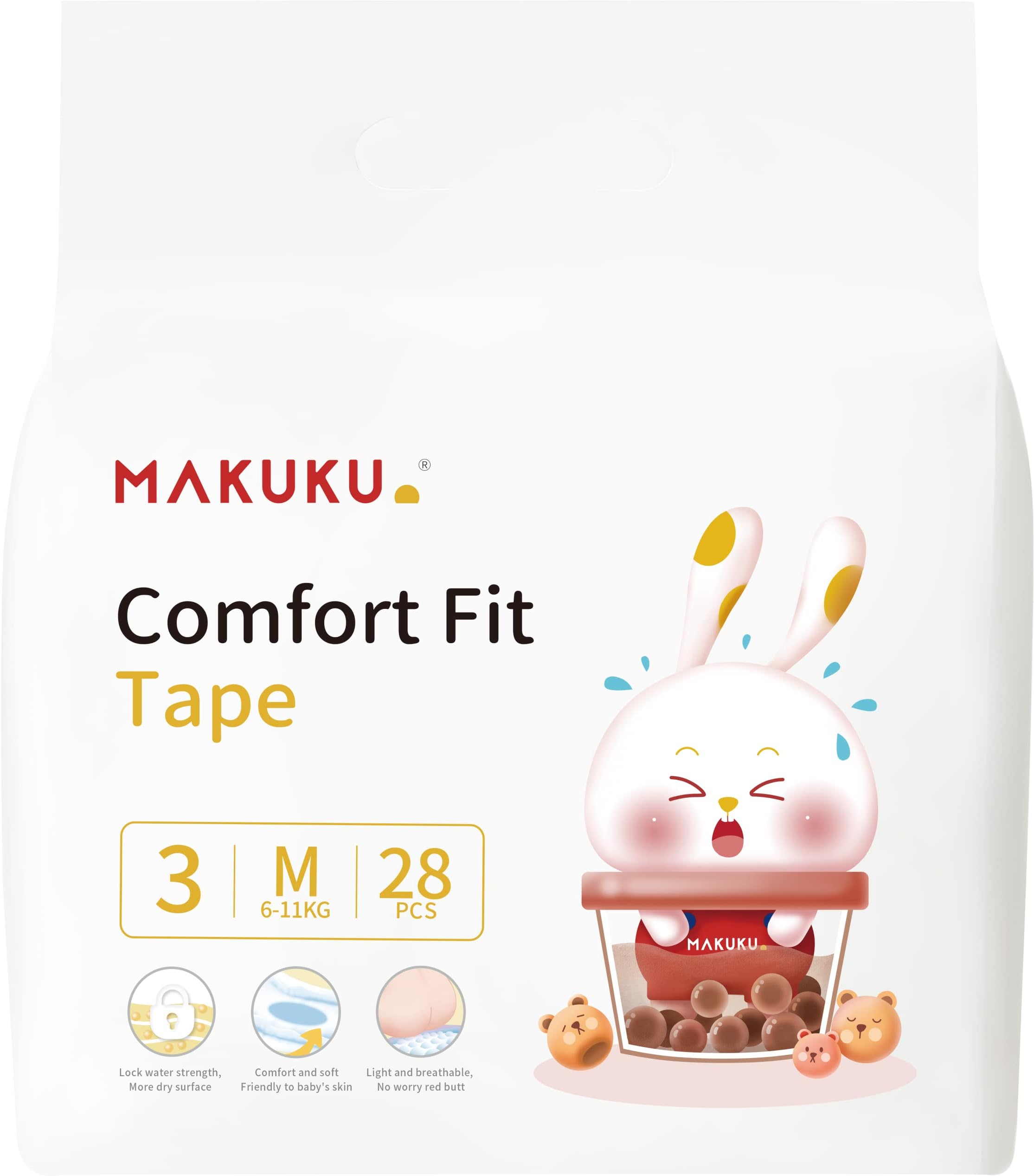 Comfort Fit Tape Diapers, Diapers size 3, Medium, Suitable for babies over 6-11 Kg and 4-6 Months, 28 Diapers