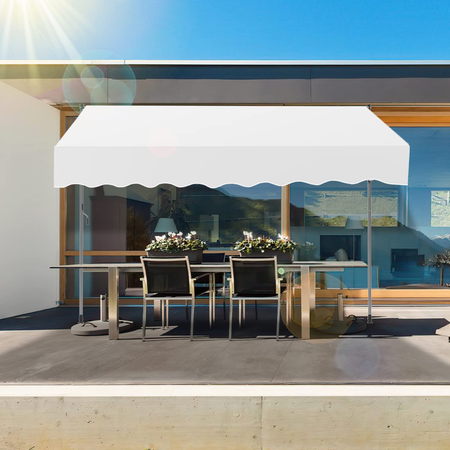 Ikodm Klemmmarkise mit Handkurbel 350cm Greme Balkonmarkise ohne Bohren, UV-beständig 50+ höhenverstellbar Sonnenschutz wasserabweisend, einfache Montage