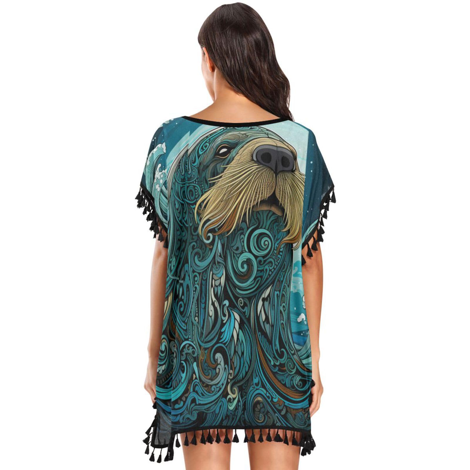 Sea Walrus Art Women's Beach Cover Up Chiffon Tassel Swimwear Swimsuit Coverups for Girl
