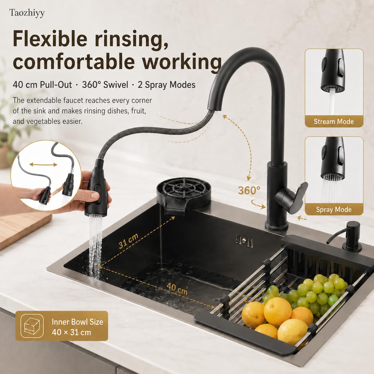 Fregadero de cocina de acero inoxidable, 1 fregadero de cocina, 45 x 40 cm, con grifo extraíble, fregadero empotrado con lavavajillas para tazas, escurridor y dispensador de jabón, para restaurantes