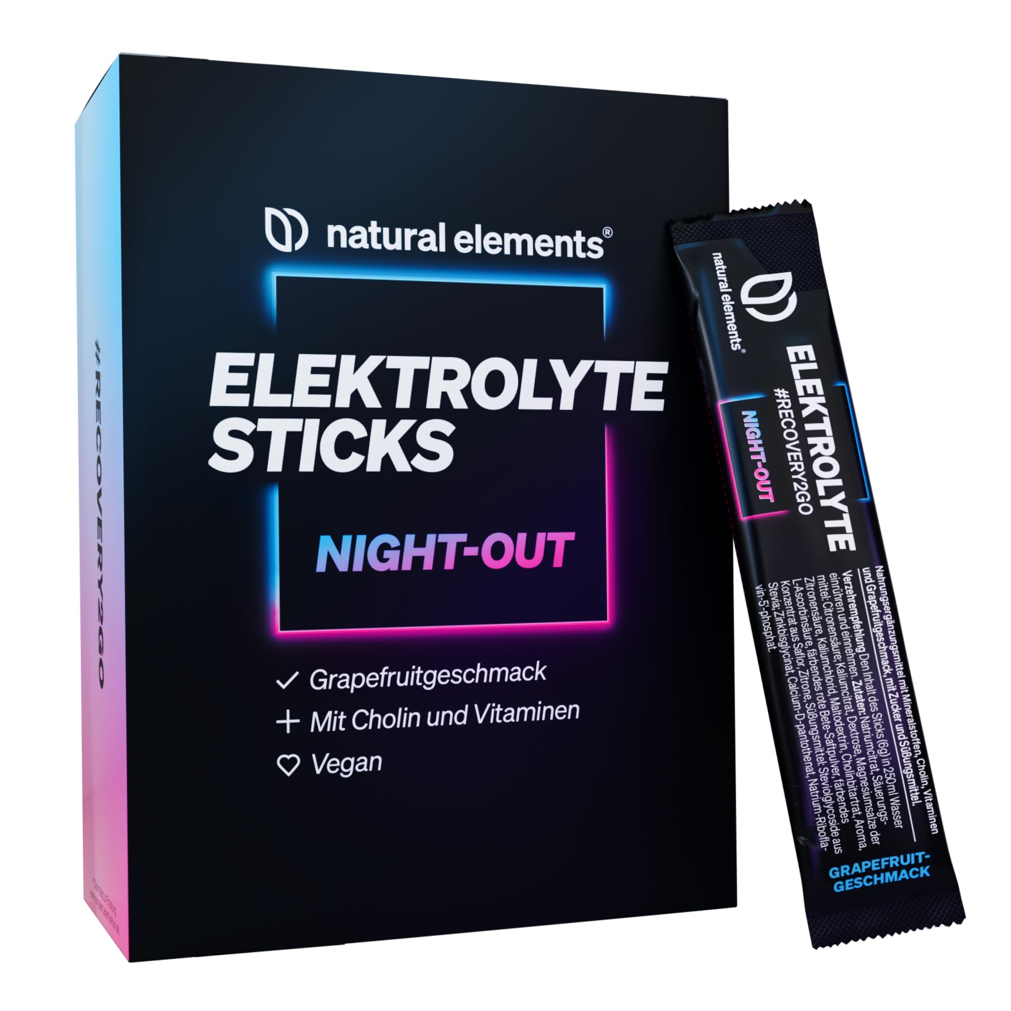 Elektrolyte Sticks NIGHT-OUT – 20 Sticks Grapefruit-Geschmack – Elektrolyt Pulver mit 1336mg Elektrolyten – mit Cholin für die Leberfunktion* – inkl. Antioxidantien* – vegan