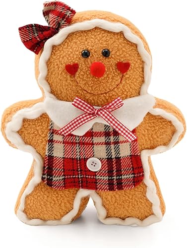 Figuras de hombre de jengibre de felpa de 10 pulgadas con lazo, 1 pieza de animal de peluche, adorno de Navidad para decoración del hogar, suave,