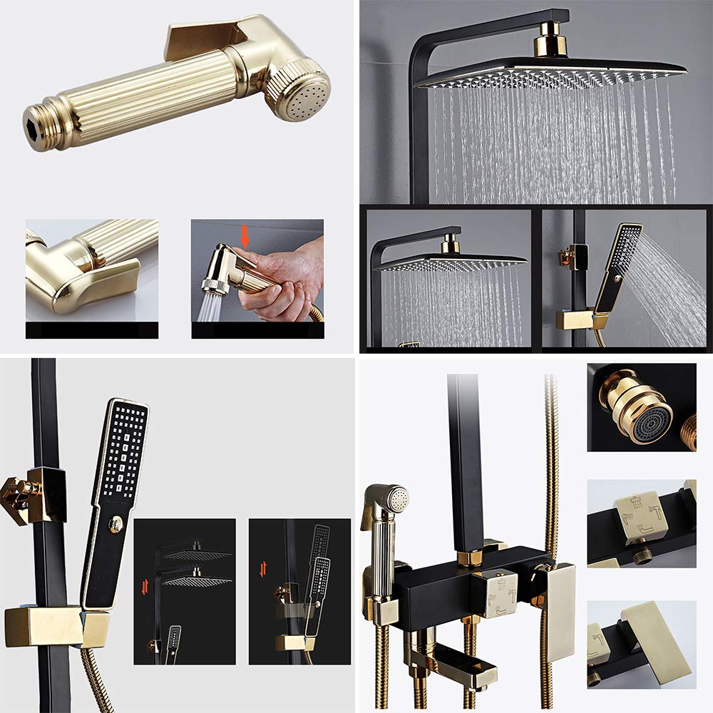 Sistema Doccia con soffione, Set Rubinetto Doccia Nero Oro, Set Combinato Multifunzione con soffione, doccetta a 3 modalità, Rubinetto per Vasca, soffione Bidet