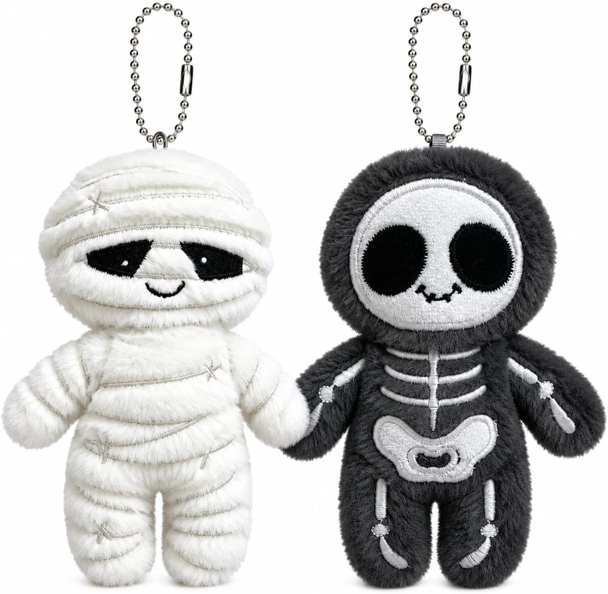 2 Pack Halloween Plush Keychain Set, Cute Mummy and Skeleton Plush Doll Key Rings, Soft Stuffed Halloween Backpack Charms for Keys, Bags, Purse Decorations