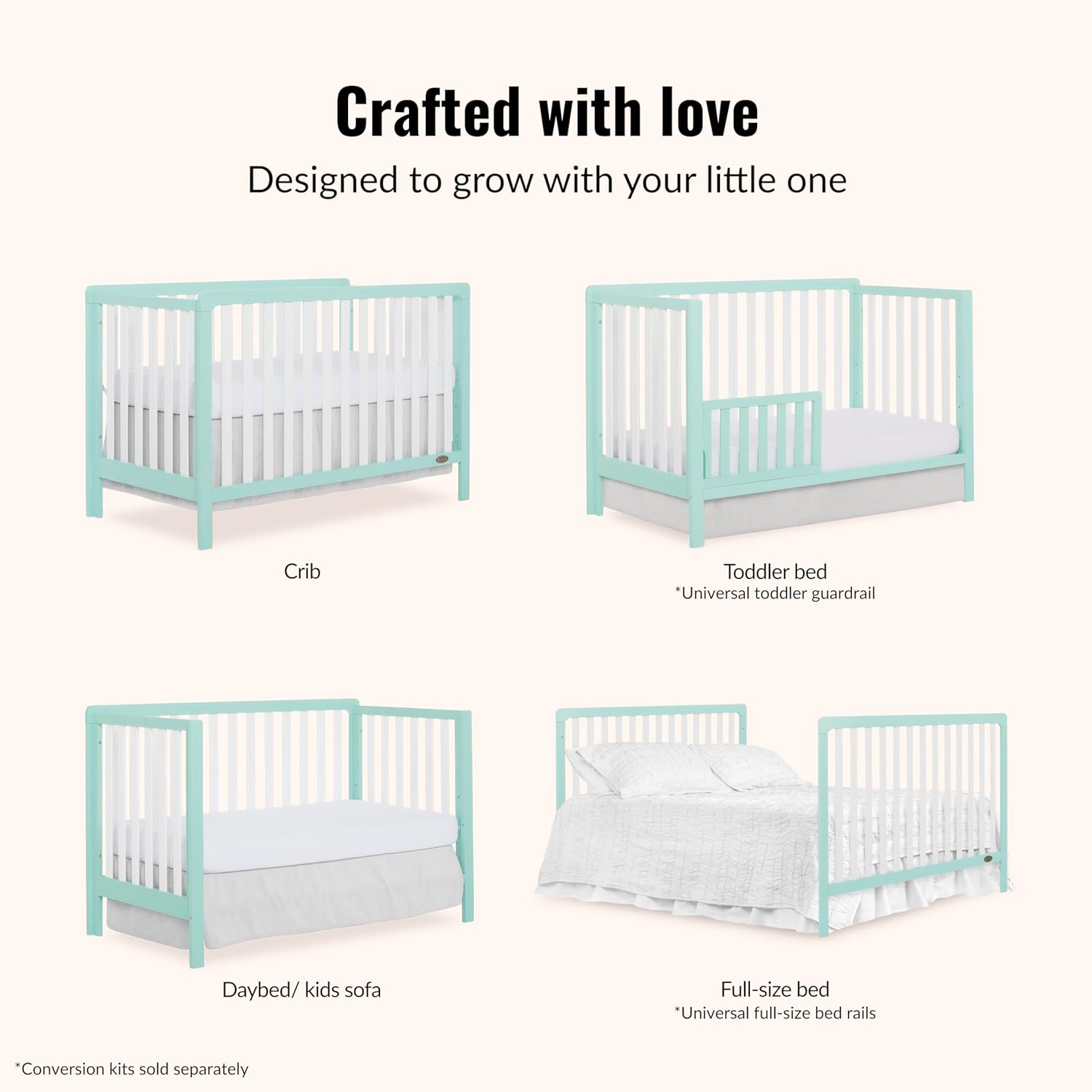 Dream On Me Ridgefield 5-in-1 Convertible Full-Size Baby Crib in Mint & White, GreenGuard Gold & JPMA, 4 Mattress Heights, Converts to Toddler, Day & Full-Size Bed, Solid Wood Design