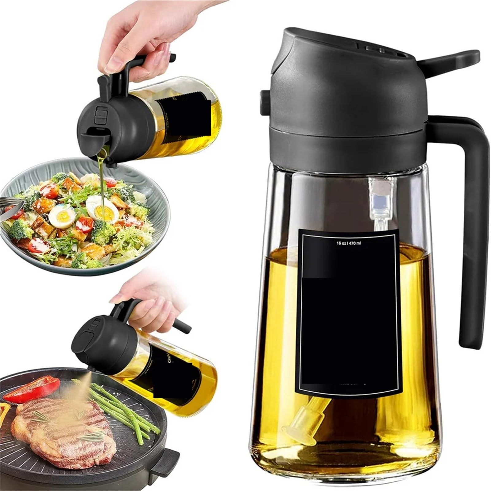 NGTFDCP Oil Dispenser, Oil Sprayer For Cooking,2in1 Dispenser Bottle For Kitchen,16oz/470ml Glass,Food-grade Mister for Air Fryer, Salad(1pcs Black)