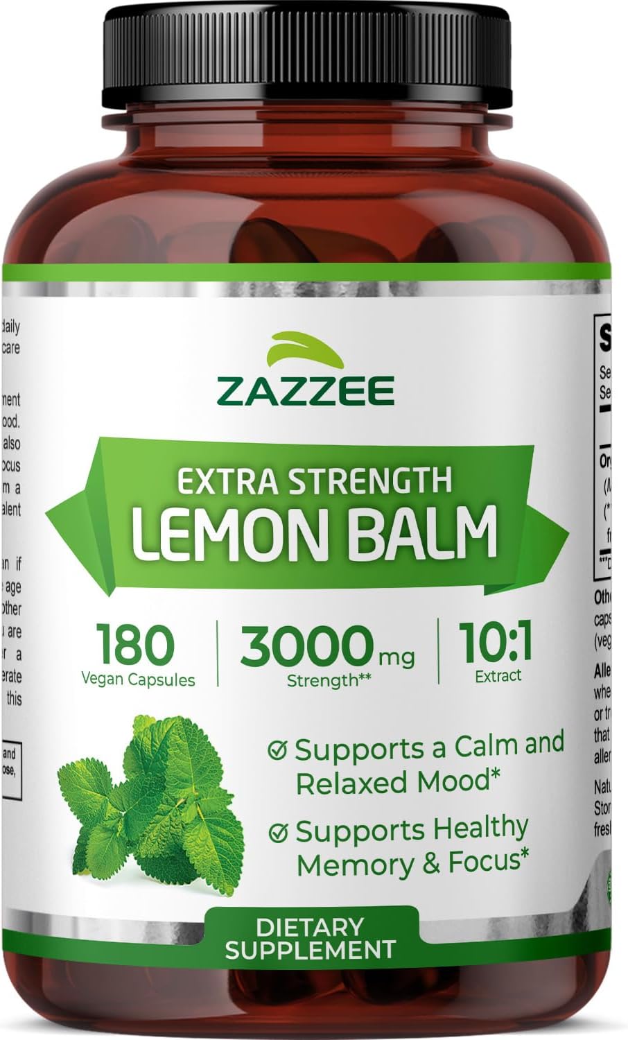 Zazzee Organic Lemon Balm 10:1 Extract, 180 Vegan Capsules, 6 Month Supply, Melissa Officinalis, Calm, Mood, Stress & Relaxation Support, Herbal Supplement, All-Natural, Non-GMO, Made in the USA