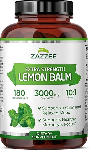 Zazzee Extracto orgánico de bálsamo de limón 101, 3000 mg de fuerza por cápsula, 180 cápsulas veganas, suministro para 6 meses, extracto
